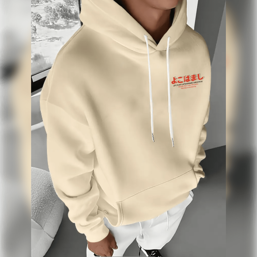 Men's Tokyo Print Loose Fit Sweatshirt - Gray Long Sleeve Pullover With Cherry Blossom & Japanese Text Design, Casual Fall/Winter Streetwear, Autumn Winter Clothing | Hoodie With Back Graphic | Japanese Text Decoration - Màu be - Xem 2