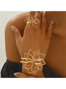 مجموعة سوار وخاتم بتصميم زهرة مجوفة عصرية، مناسبة للارتداء اليومي للنساء 2 قطعة/مجموعة