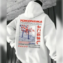 Men's Tokyo Print Loose Fit Sweatshirt - Gray Long Sleeve Pullover With Cherry Blossom & Japanese Text Design, Casual Fall/Winter Streetwear, Autumn Winter Clothing | Hoodie With Back Graphic | Japanese Text Decoration - trắng - Xem 1