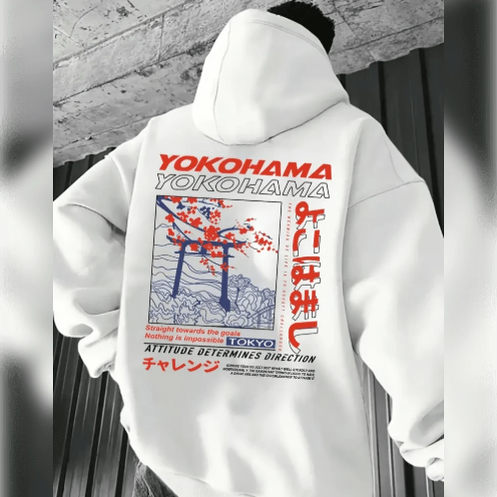 Men's Tokyo Print Loose Fit Sweatshirt - Gray Long Sleeve Pullover With Cherry Blossom & Japanese Text Design, Casual Fall/Winter Streetwear, Autumn Winter Clothing | Hoodie With Back Graphic | Japanese Text Decoration - trắng - Xem 1