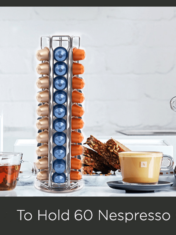 Soporte giratorio para cápsulas de café - Organizador de 60 cápsulas, para almacenamiento en la cocina y el hogar (Negro/Plateado)