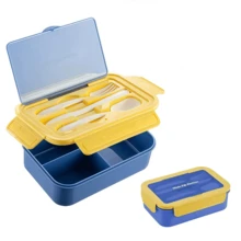 1pc Blue & Yellow Lunch Box, Lunch Box With Cutlery (Upgraded Detachable), 1400ml Child/Adult Bento Box With 3 Compartments, Microwave Friendly Lunch Box For Work, Picnic, Office, Food Storage, Camping, Back To School, Christmas Gift - Multicolor - View 2
