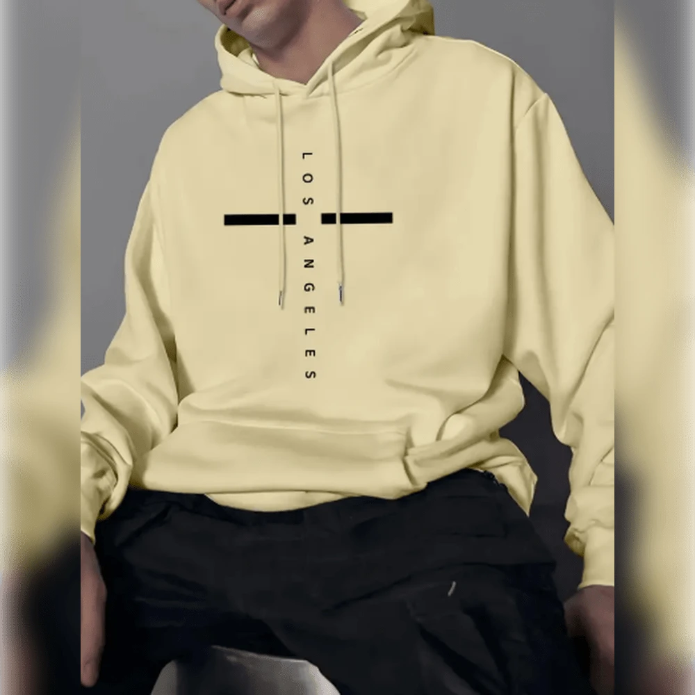 Men's Navy Fleece-Lined Hoodie With Geometric Print, Drawstring, And  Pocket - Casual Spring/Fall Pullover, Cotton Blend, Machine Washable, Hooded Sweater - 米色 - 查看 1