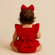 Romper Jardineira Macacão Vermelho liso Roupa Bebê Menina Body Festa Fotos - Vermelho - Visão 2