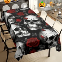 1/20 件桌布 - 骷髅，红色花卉图案耐用涤纶矩形桌布，可水洗，适用于万圣节派对、家庭餐厅和厨房装饰、厨房桌布、主题活动装饰 - 彩色 - 查看 1