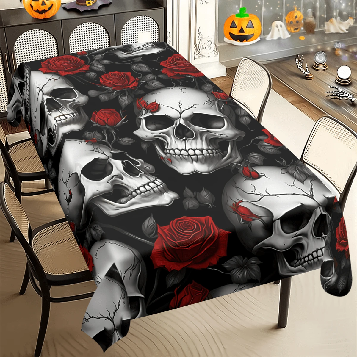 1/20 件桌布 - 骷髅,红色花卉图案耐用涤纶矩形桌布,可水洗,适用于万圣节派对、家庭餐厅和厨房装饰、厨房桌布、主题活动装饰 - 彩色 - 查看 1