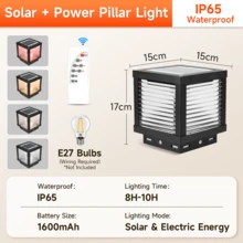 太阳能柱灯带定时器功能，遥控，可调光，防水户外花园太阳能灯，灯光颜色可变，兼容 E27 灯泡，适用于花园、露台、门廊、阳台、柱子、入口、庭院、树木、小路、栅栏、景观照明