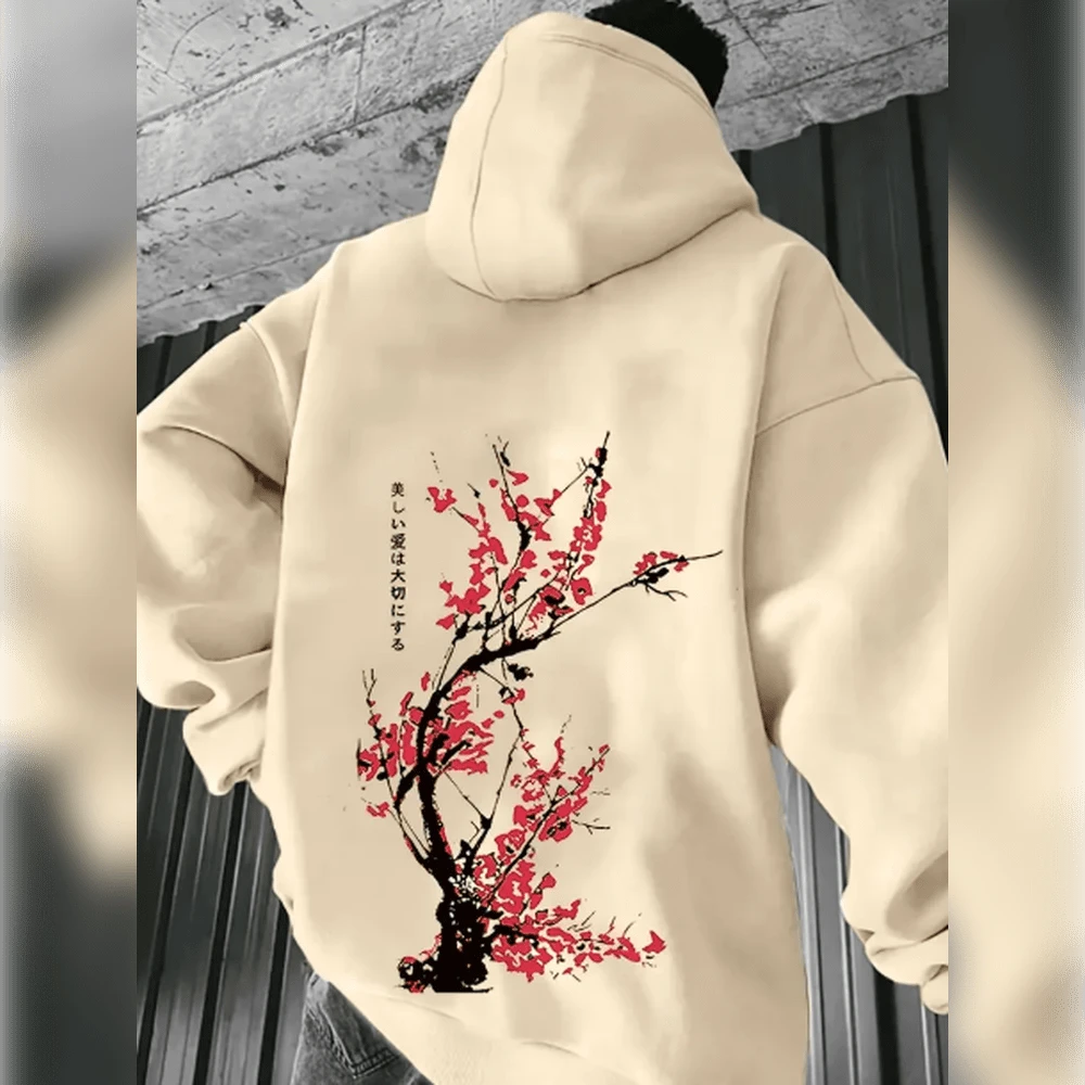 Men's Casual Floral Letter Print Sweatshirt, Non-Stretch Knit Fabric, Loose Fit With Pocket, Hooded Neck - Essential Fall/Winter Pullover Sweater - Beige - View 1