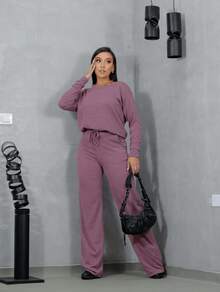 Women's Winter Set With Long Sleeve Lanzinha And Wide Leg Pants - Màu hồng gỉ - Xem 2
