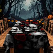 1/20 件桌布 - 骷髅，红色花卉图案耐用涤纶矩形桌布，可水洗，适用于万圣节派对、家庭餐厅和厨房装饰、厨房桌布、主题活动装饰 - 彩色 - 查看 8