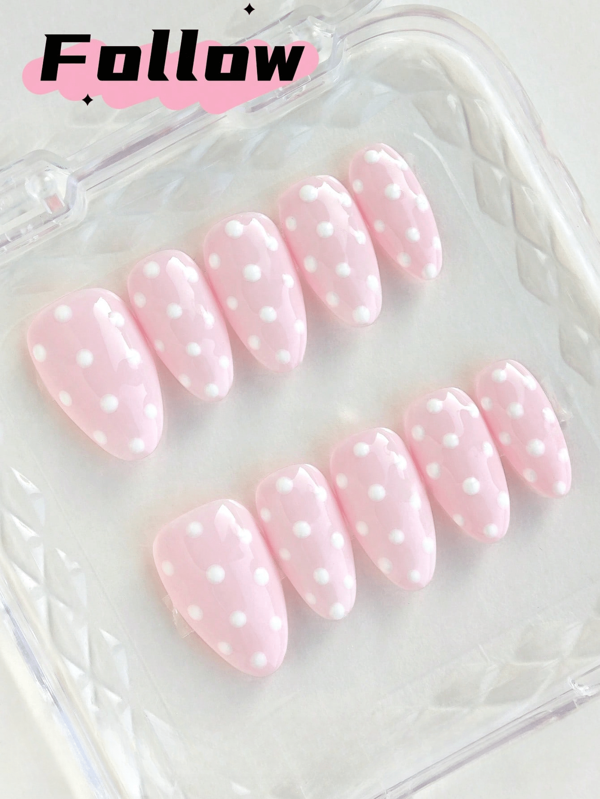 10 Pcs Pure Handmade Nail Art, Press-On Fake Nails, Almond Shaped Nails, Spring Nails, Summer Nails, Pink Nails, Polka Dot Nails, Full Coverage Nails, Cute Nails, Seasonal Nail Care, Home DIY Nails, Party Nails, Office Nails, Nail Art Supplies, Removable And Reusable, Includes Nail Art Toolkit, Best Gift For Ladies.