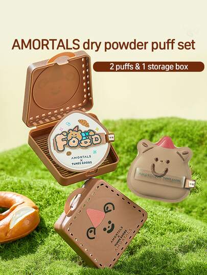 Amortals X TUNEE GOODS 2PCS Cute Croissant Dry Powder Puff Set With Bear Storage Case – High-Density Soft Sponge, Minimal Foundation Absorption, Even Matte Coverage, For Dry Powder & Cream Makeup, Viral Trending Must-Have Beauty Sponge Kit