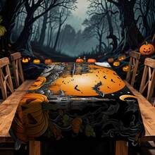 1/20 piezas Mantel de Halloween, diseño con calabaza, castillo y murciélago, mantel rectangular de poliéster reutilizable para el hogar, restaurante o decoración de la sala de estar, hecho a máquina, accesorios de comedor festivos, decoración de mesa, mantel duradero