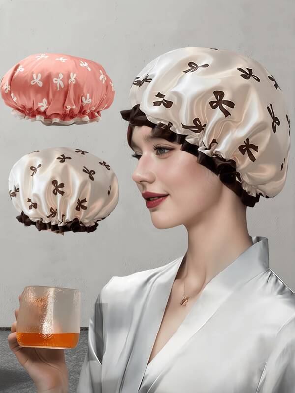 1er-Pack Doppelschicht wasserdichte Duschhaube, Duschhaarmütze mit Schleifenmuster, Haushaltskopfbedeckung gegen Küchenrauch, Haarmütze, Reise-Urlaubsartikel, Haarschmuck für Frauen, Haare, Reise, Haarprodukte, Haarwerkzeuge, Harzeug, Friseur, Friseurzubehör, Friseursalon, Friseurausrüstung