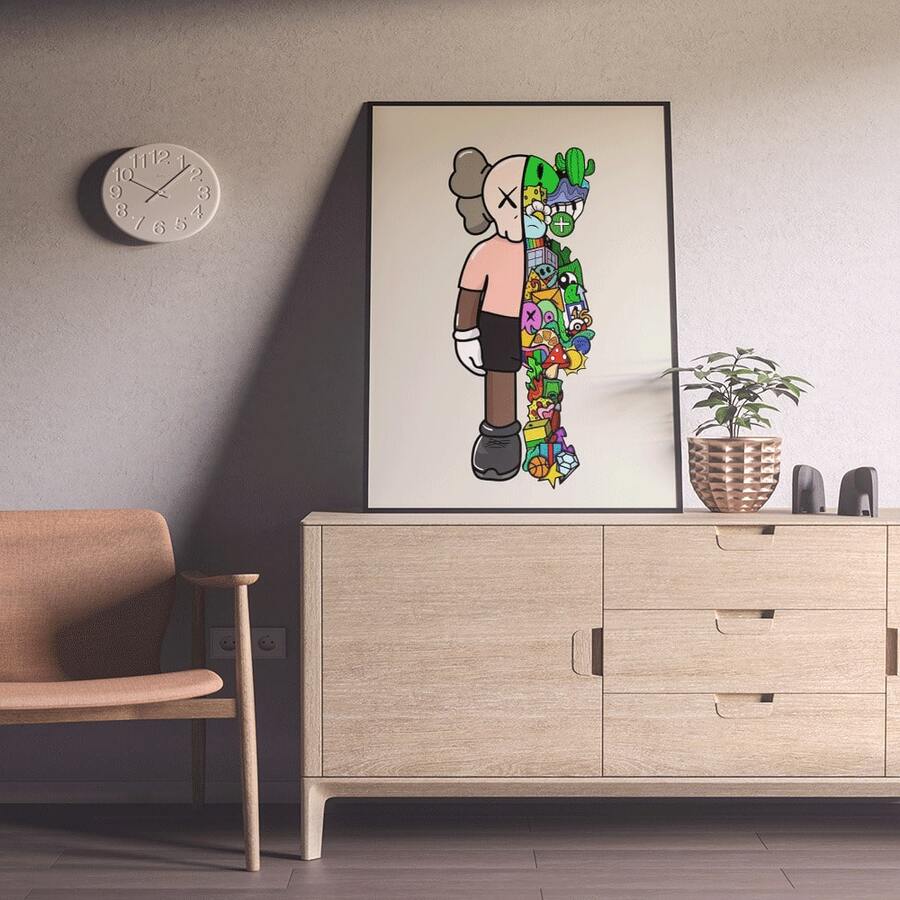 Framed 1pc Frame  Kaw Art Poster - Vibrant Cartoon-Style Canvas Wall Art,Perfect For Bedroom Decor & Gift For Friends, Minimalist Beige Background With Colorful Accessorie