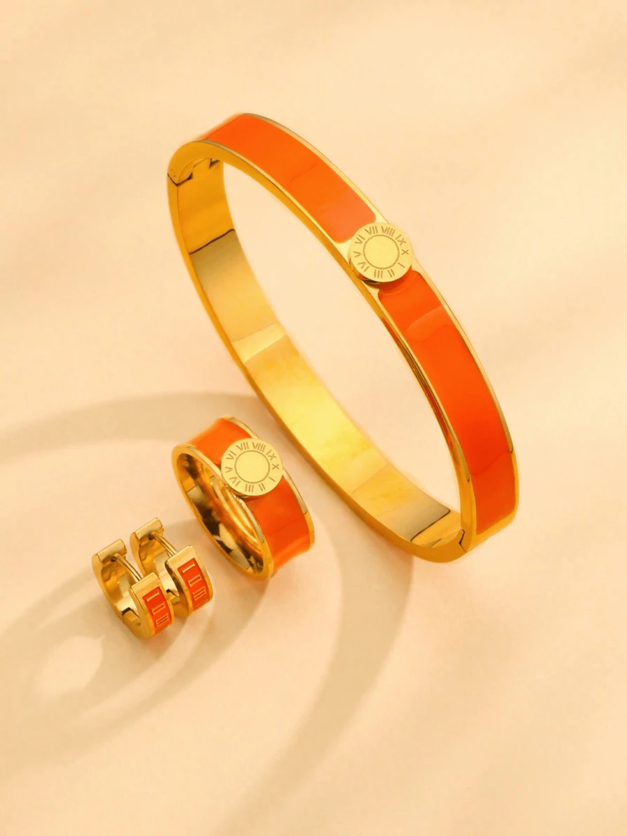 1 Set/4pcs New Fashion Roman Numeral Bangle Bracelet, Stainless Steel Resin Bracelet, Ring, Earrings, Gold Jewelry, Best Gift For Relatives And Friends - Orange Color - View 1