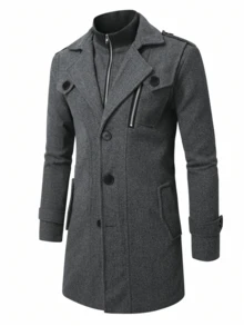 Men's Solid Color Minimalist Everyday Long Sleeve Overcoat - Dark Grey - View 2