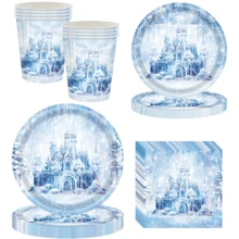 10件/20件/50件/套，冰雪奇缘主题生日派对用品，冬季雪花餐具套装，一次性9英寸/7英寸餐盘/餐巾纸/杯子，适合10人使用，冰雪城堡主题，新生儿洗礼生日圣诞派对餐桌装饰 - 彩色 - 查看 6