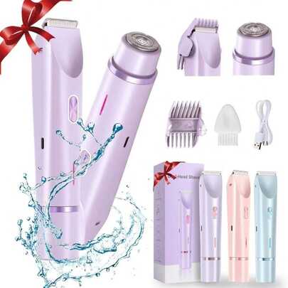 二合一电动剃须刀，女士无线比基尼修剪器，可拆卸刀头，触感柔和，干湿两用防水设计，USB充电，便携式，适用于比基尼线、腋下、腿部及身体脱毛，眉毛修整工具，旅行必备，400mAh电池，面部脱毛器，敏感部位专用电动剃须刀