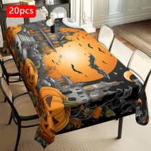 1/20 piezas Mantel de Halloween, diseño con calabaza, castillo y murciélago, mantel rectangular de poliéster reutilizable para el hogar, restaurante o decoración de la sala de estar, hecho a máquina, accesorios de comedor festivos, decoración de mesa, mantel duradero