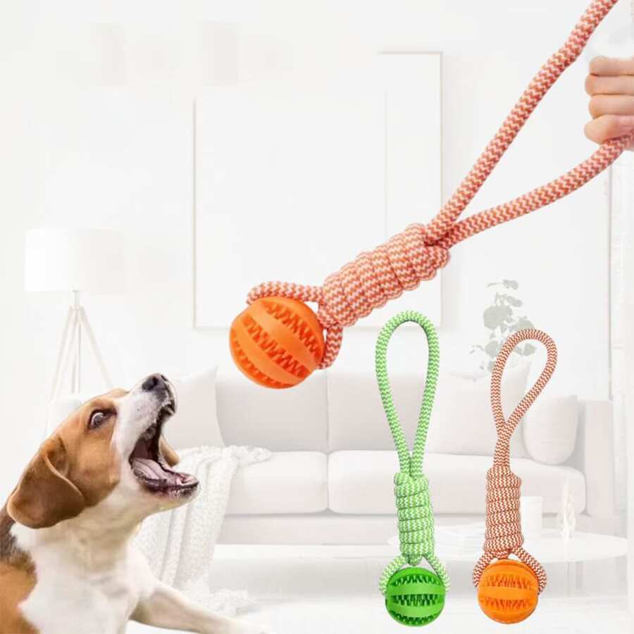 2 件狗狗编织绳结玩具球带手柄，咀嚼玩具球用于咀嚼训练拉扯投掷玩具拔河玩具狗狗取物玩具
