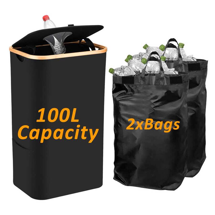 100L Recycling-Behälter für Küche und Haushalt, Pfandflaschen-Sammelbehälter mit Deckel und 2 wiederverwendbaren Innensäcken, hohe Aufbewahrungsbox für Flaschen, Dosen, Plastik, Papier, Glas, Aufkleber - Schwarz - Übersicht 1