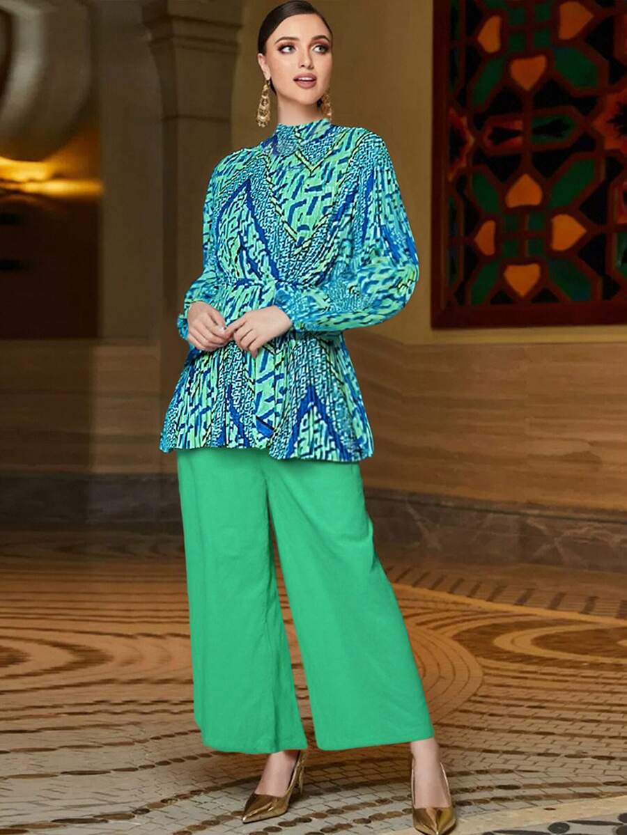 高端时尚褶皱泡泡袖优雅女式衬衫和高腰阔腿印花裤套装（配系带腰带），复古几何色块两件套，春夏