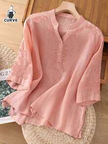 大码女式休闲宽松刺绣细节衬衫，春夏粉色 - 粉色 - 查看 3