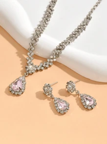 Rhinestone Waterdrop Necklace And Earrings Jewelry Set