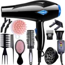 Morfone Local Warehouse 12 Piece Black Hair Dryer Hair Care Set, Home Hair Salon Hair Dryer Multi-Speed Adjustable Drying Hair Styling, Plug-In Model With Air Cushion Combs And Hair Clips And Curling Irons, Etc., Suitable For Home Use/Gift Giving - 查看 2