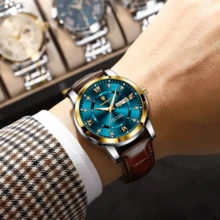 正品 POEDAGAR 手表（原装）顶级奢华男士手表 50 防水日期星期防水夜光皮革男士手表休闲男士手表运动男士石英表日本进口石英机芯返校必备礼物父亲兄弟