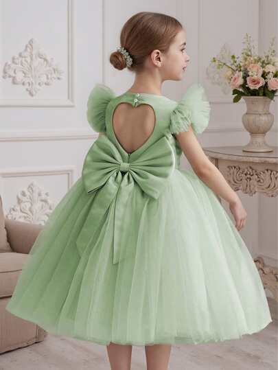 Salviagrön brudtärneklänning för ung flicka, fladdrande ärm, rosett i tyll, festklänning, elegant prinsessklänning, lämplig för flickors födelsedagskalas, presenter, baler, fester, viktiga tillfällen, högtidsfiranden, brudeflicka brudklänning, examensklänning för tacksägelse