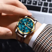 正品 POEDAGAR 手表（原装）顶级奢华男士手表 50 防水日期星期防水夜光皮革男士手表休闲男士手表运动男士石英表日本进口石英机芯返校必备礼物父亲兄弟