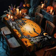 1/20 piezas Mantel de Halloween, diseño con calabaza, castillo y murciélago, mantel rectangular de poliéster reutilizable para el hogar, restaurante o decoración de la sala de estar, hecho a máquina, accesorios de comedor festivos, decoración de mesa, mantel duradero