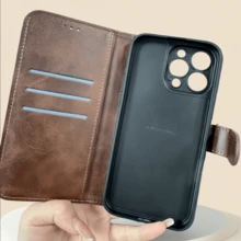 Flip Cover Phone Case, Insert Card Phone Case, Suitable For IPhone 16/15/14/13/12/11 PRO MAX PLUS. Pure Color Leather Phone Case With Retro Magnetic Flip Cover Made Of Artificial Leather. - Brown - View 2