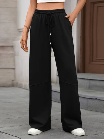 Women's Solid Color Elastic Waist Drawstring Pocket Wide Leg Pants, Casual & Fashionable For Commuting