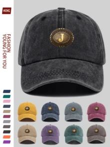 1 pieza Gorra de béisbol casual y de moda con letra "J", con gráfico metálico de estilo vintage del oeste, diseño ajustable ligero y duradero, transpirable para vacaciones, escuela, oficina, todas las estaciones, regalo ideal para parejas jóvenes, ciclismo al aire libre, deportes, calle, vacaciones, padres, fiesta, vuelta al cole, Día del Padre - A - Ver 1