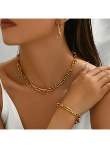 3pcs/Set U-Shaped Horseshoe Pendant Necklace, Bracelet And Earrings, Non-Fading, European And American Ins Style