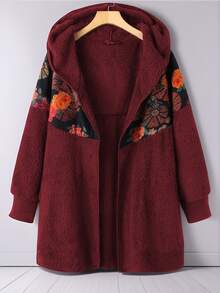 Plus Size Winter Fleece-Lined Vintage Floral Print Hooded Casual Cardigan Jacket - Đỏ sẫm - Xem 1