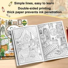 GDTME [كتاب تلوين الكنز] "تصميم داخلي" كتاب تلوين سميك من ورق اللؤلؤ مُحسّن، حجم A4 كبير مع تجليد خياطة، 24 تصميم إلهام ديكوري، إبداعي للكبار لتخفيف التوتر، يتضمن ملصقات عشوائية