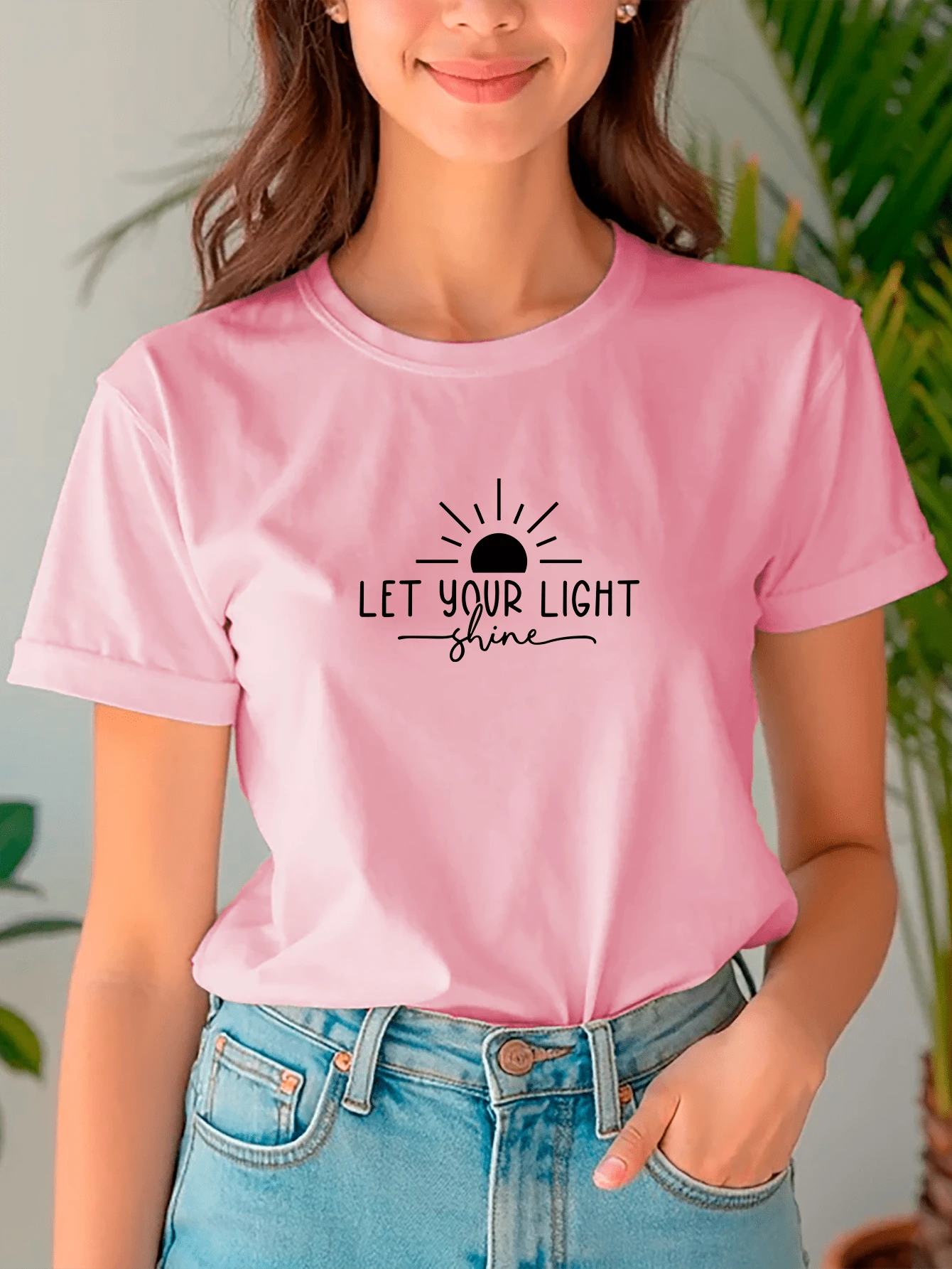 Women's Baby Look T-Shirt Let Your Light Shine Let Your Light Shine Personalized Phrases Various Colors 100% Cotton - 淺粉色 - 查看 1