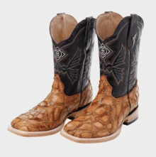 Men's Cowboy Boots With A Bulldog Design And A Diamond-Shaped Fish-Textured Effect - 蜂蜜 - 查看 1