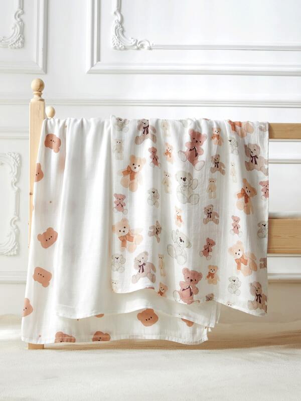 Set de 3 mantas de muselina suaves y transpirables con estampado de oso de peluche y color bliso sólido, certificadas Oeko-Tex, para todas las estaciones