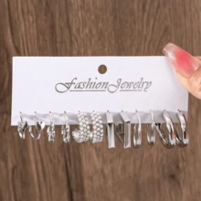 12 件复古朋克几何方形 C 形环形耳环，波西米亚风格仿珍珠大环形耳环套装，适合女性的休闲日常百搭珠宝 - 理想的节日礼物 - 銀色 - 查看 10