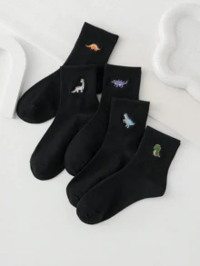 10 đôi tất dài đến bắp chân họa tiết khủng long, khủng long bạo chúa, khủng long Brachiosaurus thêu ngẫu nhiên cho nữ, thích hợp mặc thường ngày, tất mùa thu - màu đen - Xem 2