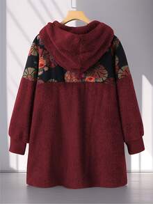 Plus Size Winter Fleece-Lined Vintage Floral Print Hooded Casual Cardigan Jacket - Đỏ sẫm - Xem 2