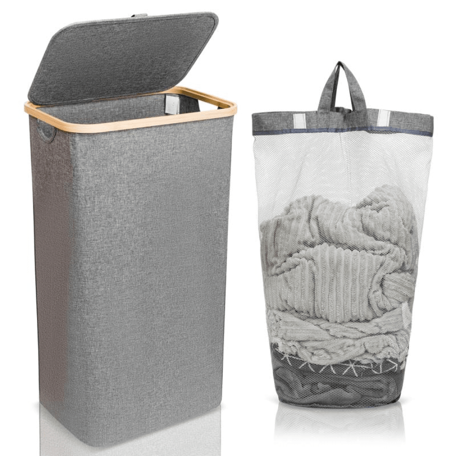Large Laundry Basket With Lid – 110L Washing Basket For Laundry With Bamboo Handles And Removable Laundry Bag, Foldable Laundry Hamper For Dirty Clothes Slim Laundry Bin Storage Basket (Grey) Organiser