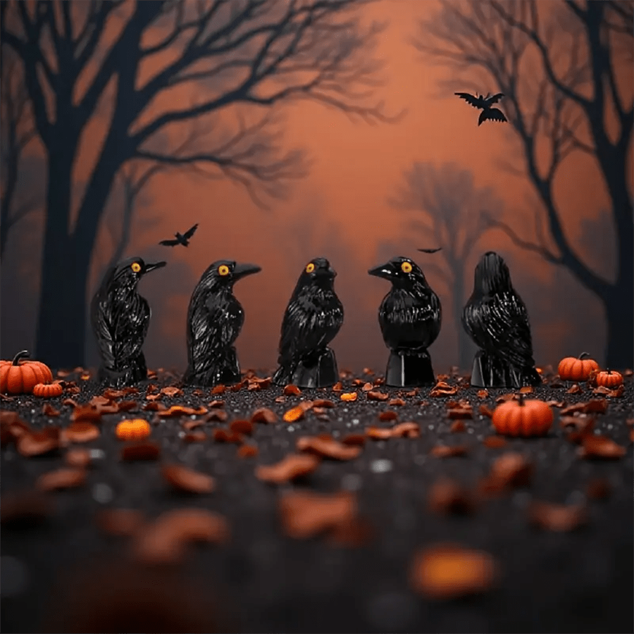 5 pièces Statue miniature de corbeau en résine noire - Décoration d'Halloween et de jardin, ornement résistant aux intempéries pour l'extérieur/l'intérieur pour le patio, le bonsaï, la cour - Décorations d'Halloween, décoration de patio, détails complexes