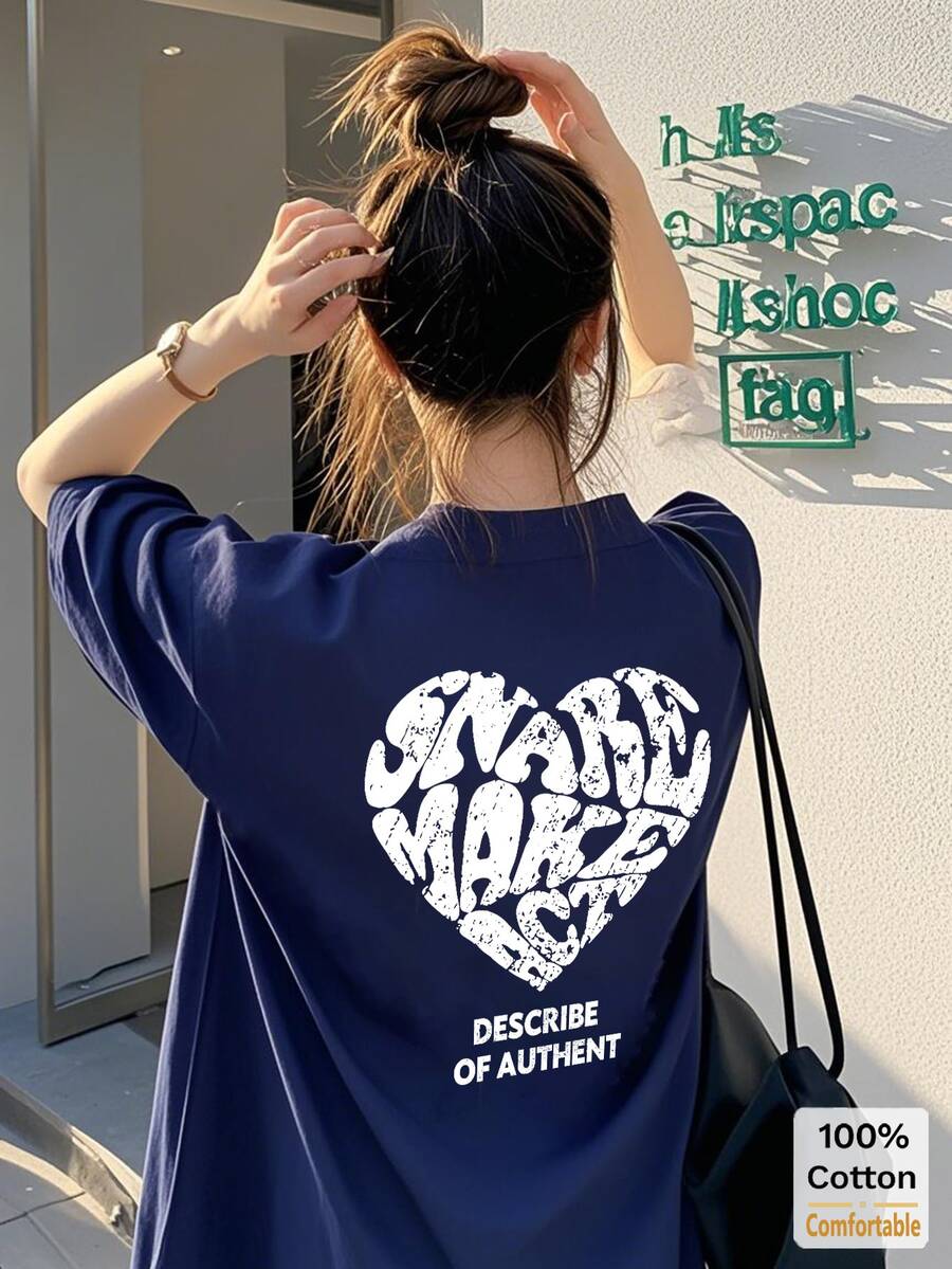 Kaos Wanita Lengan Pendek Motif Hati, Kaos Grafis Bergaya Kasual Musim Panas - Angkatan laut - View 1