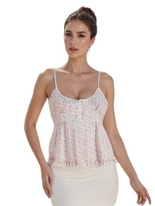 Womenacute;s Summer Casual Camisole Solid/Plaid Sleeveless Deep V Neck Ruffle Hem Sling Vest - Estampado floral rosa - Ver 2